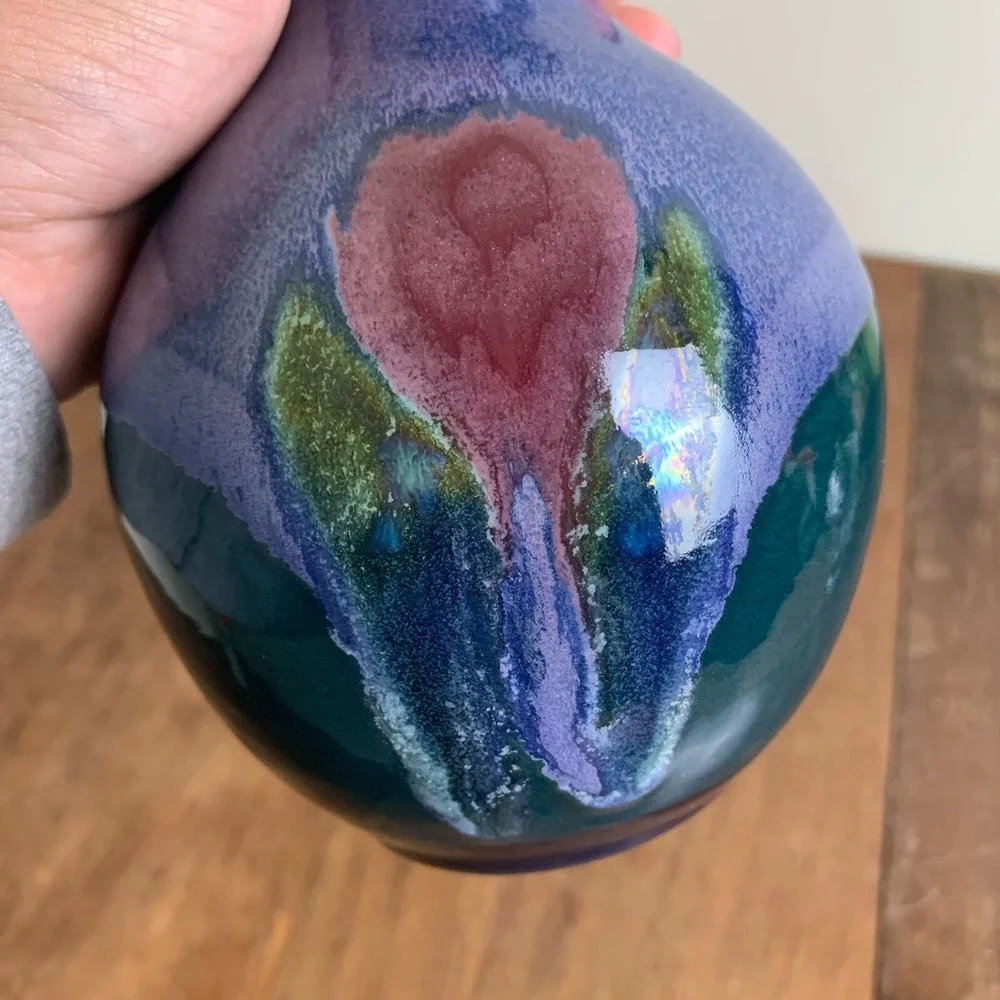 Vintage‎ Handmade Ceramic Green Lavender Blue Floral Glaze Vase SIGNED